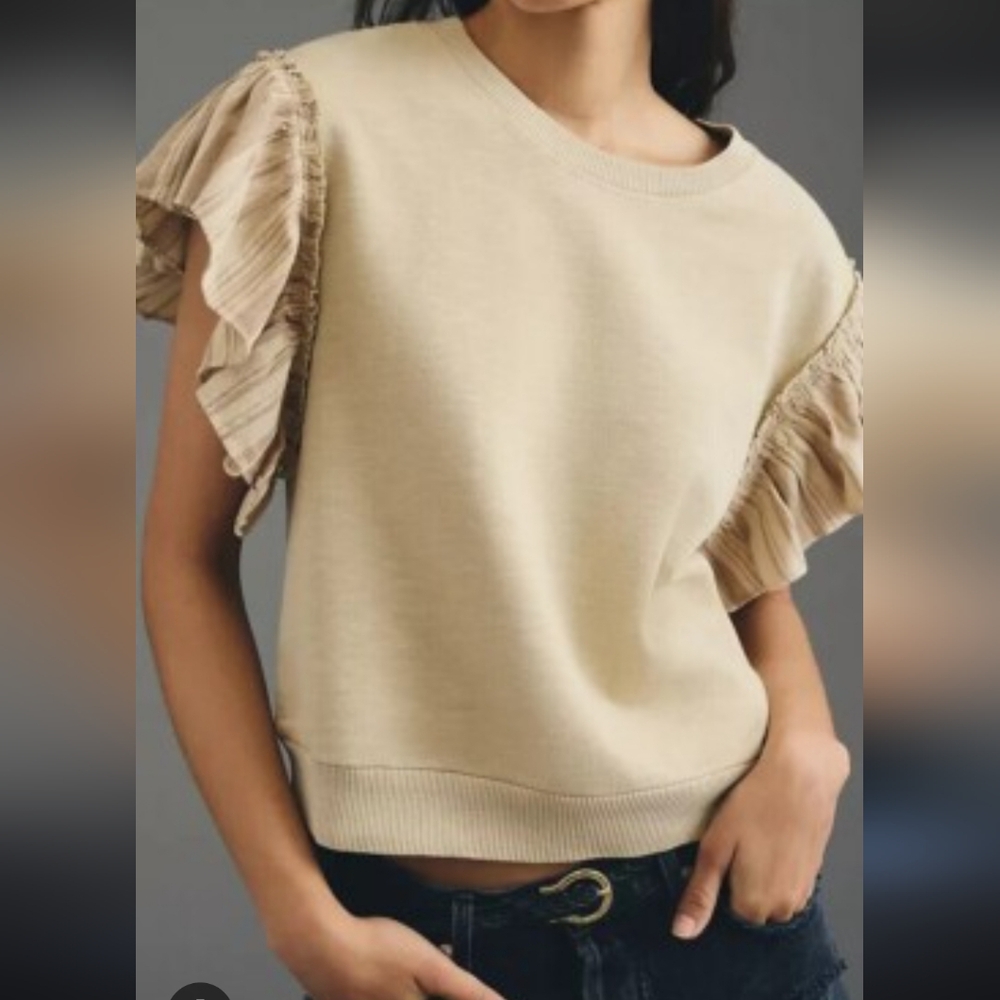 Pilcro Chambrey Flutter Short Sleeve Top Sweatshirt Light Beige Top